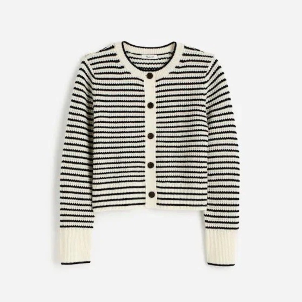 Madewell Waffle-Knit 100% Wool Long Sleeve Cardigan in Stripe NWT Size M Medium